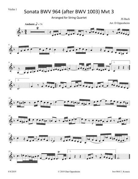 Bach: Piano Sonata BWV 964 (after violin sonata bwv 1003) mvt 3 transcribed for String Quartet image number null