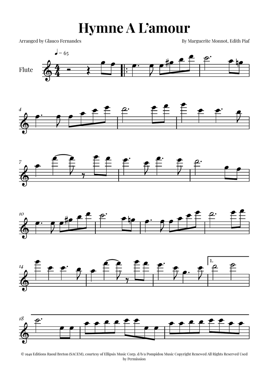 Hymne A L'amour Flute Solo scores gallery preview page 1