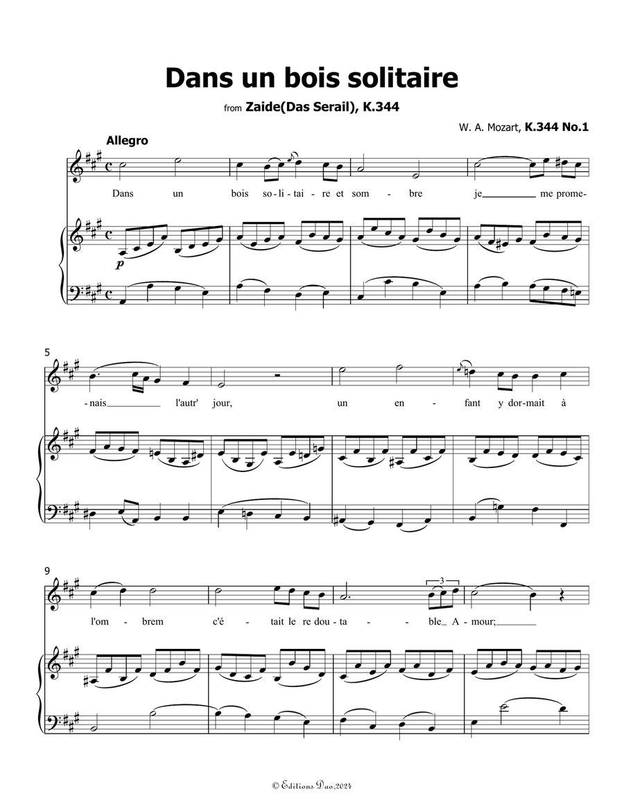 Dans un bois solitaire, by Mozart, K.308/295b, in A Major Piano, Vocal scores gallery preview page 3