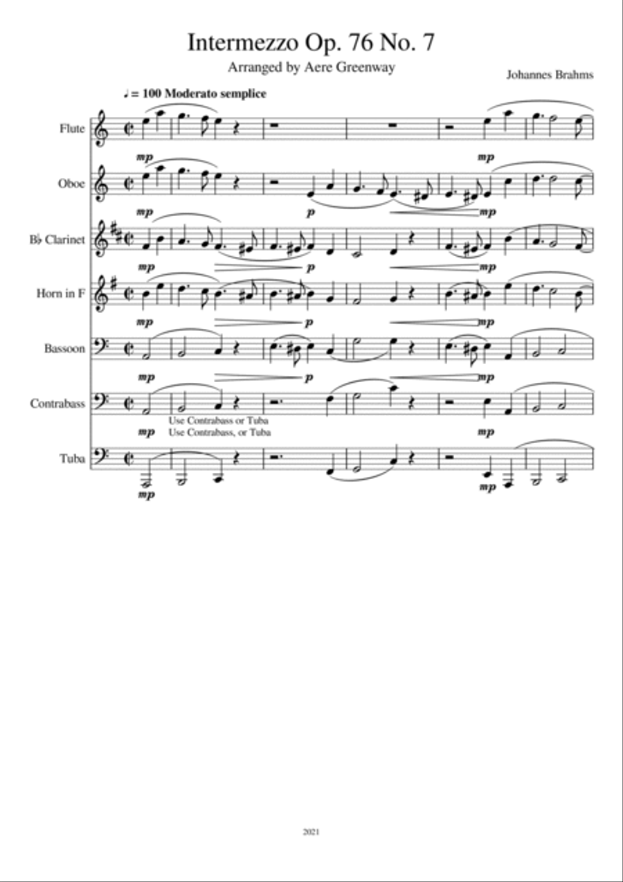 Brahms Intermezzo Opus 76 No. 7, arranged for ensemble Woodwind Quintet scores gallery preview page 2