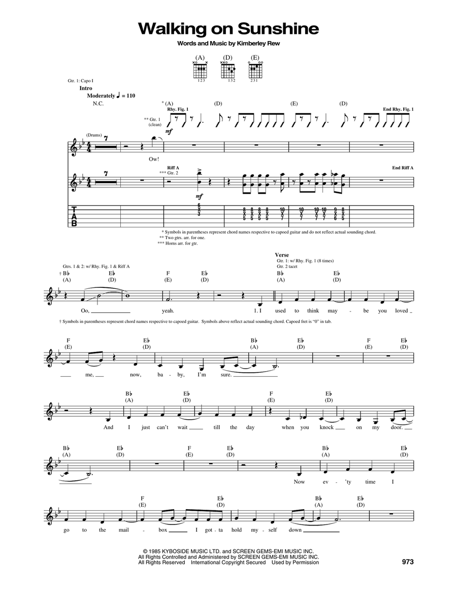 Walking On Sunshine Acoustic Guitar scores gallery preview page 1