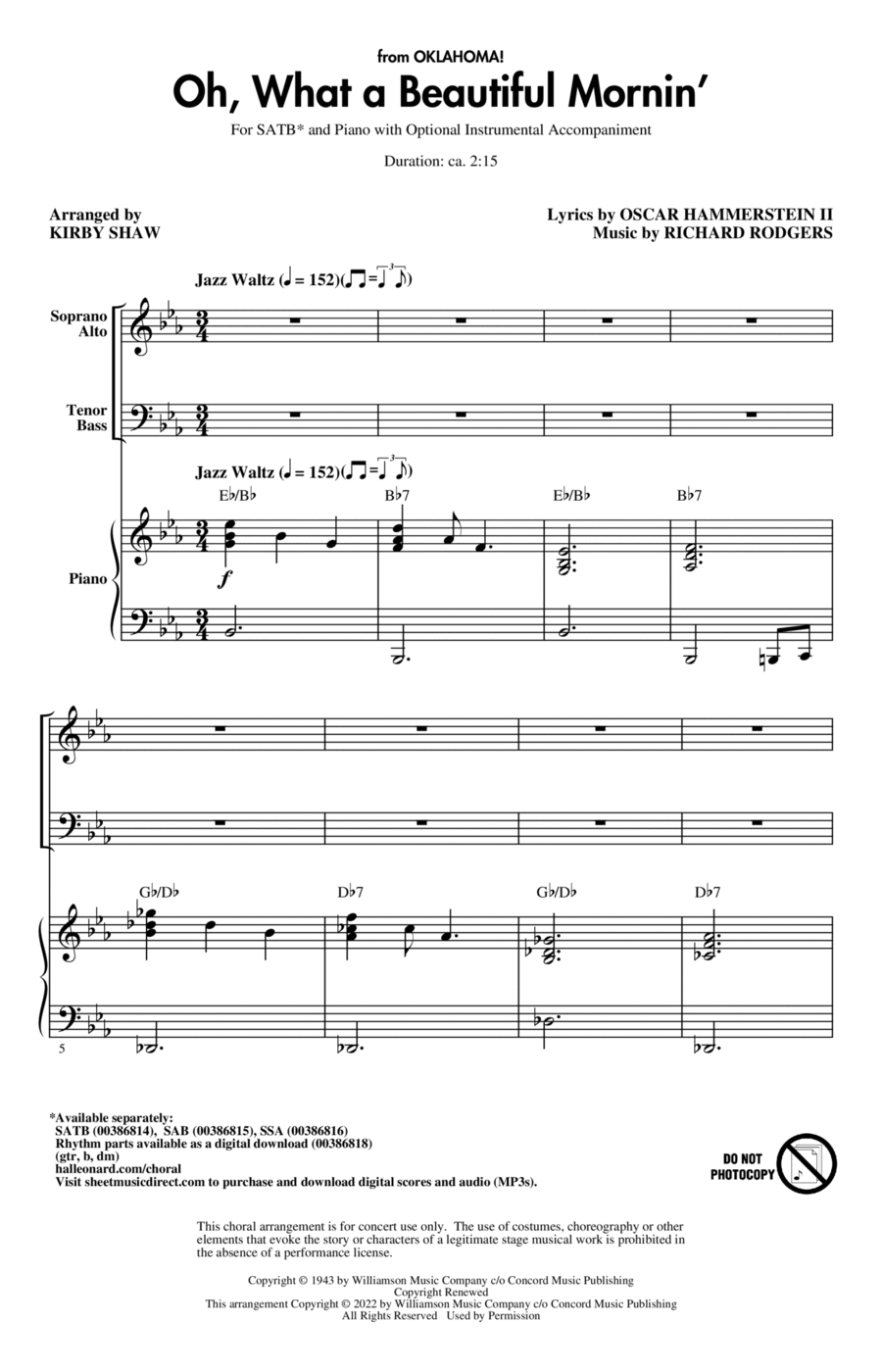 Oh, What A Beautiful Mornin' (from Oklahoma!) (arr. Kirby Shaw) 4-Part scores gallery preview page 1