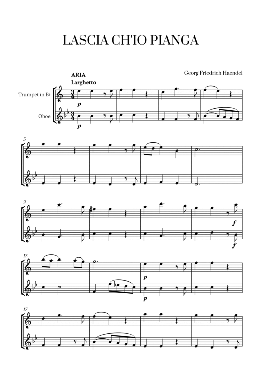 G. F. Haendel - Lascia ch'io pianga (for Trumpet and Oboe) Trumpet Duet scores gallery preview page 1