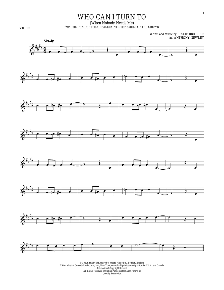 Who Can I Turn To (When Nobody Needs Me) Violin Solo scores gallery preview page 1