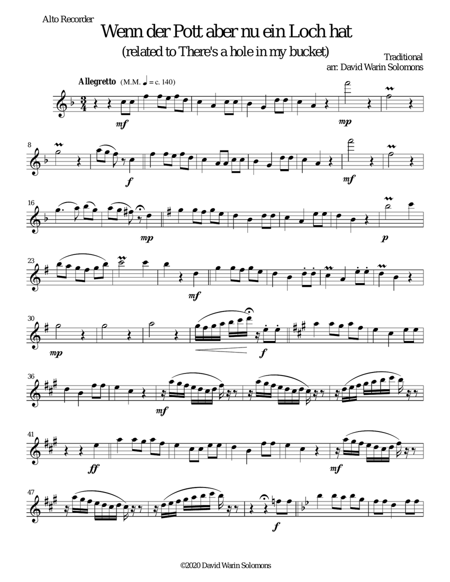 Wenn der Pott aber nu ein Loch hat (There's a hole in my bucket) alto and tenor recorders, guitar Small Ensemble scores gallery preview page 5