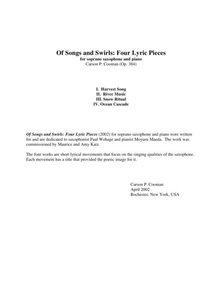 Carson Cooman: Of Songs and Swirls: Four Lyric Pieces (2002) for soprano saxophone and piano
