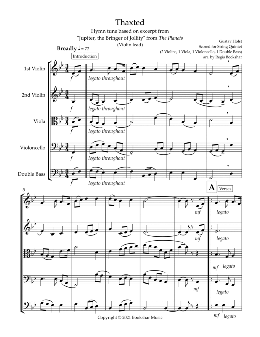 Thaxted (hymn tune based on excerpt from "Jupiter" from The Planets) (Bb) (String Quintet - 2 Violin image number null