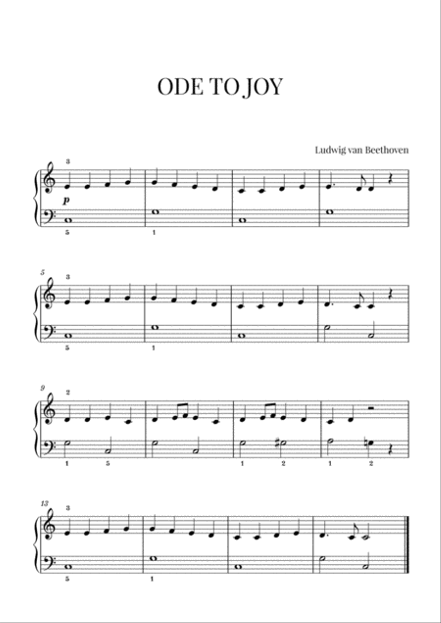 Beethoven - Ode to Joy for Easy/Beginner Piano (with fingerings) Easy Piano scores gallery preview page 1