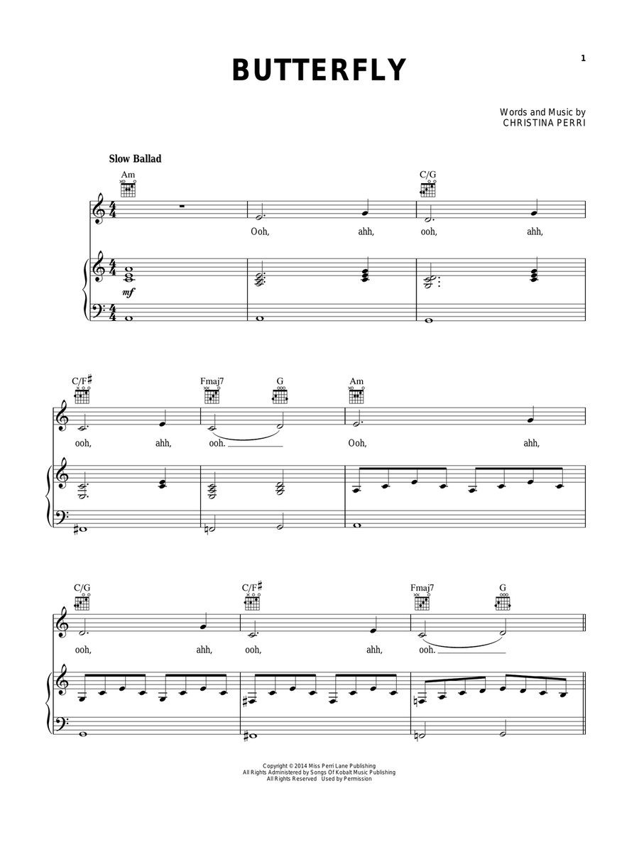 Butterfly Piano, Vocal, Guitar scores gallery preview page 1