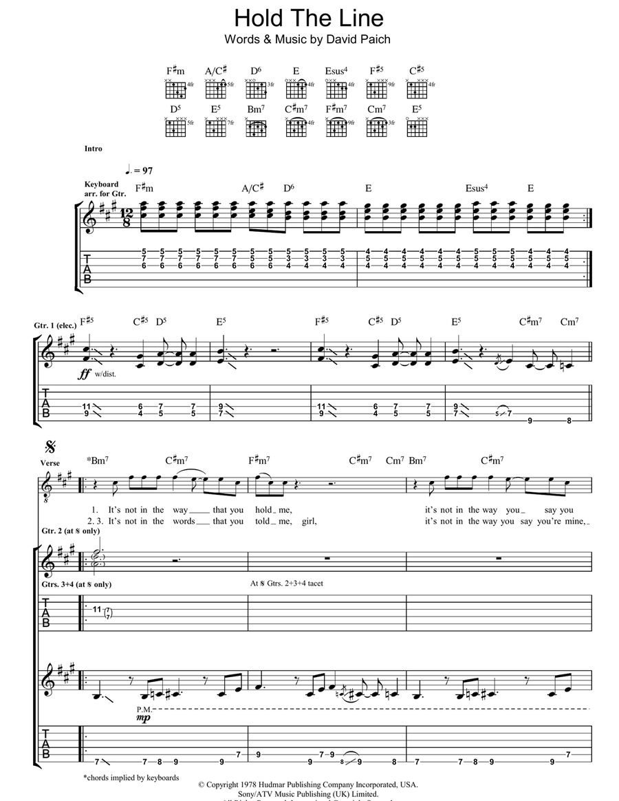 Hold The Line Guitar Tablature scores gallery preview page 1