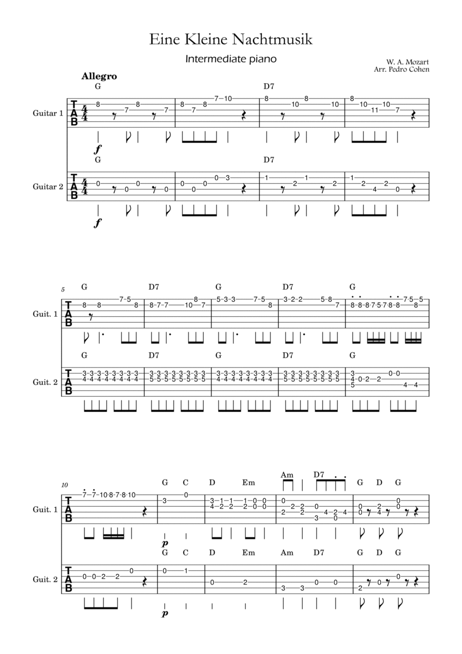 Eine Kleine Nachtmusik - guitar version w/ chords Guitar Ensemble scores gallery preview page 1