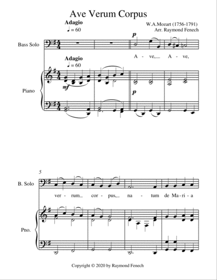 Ave Verum Corpus Bass Voice and Piano - Intermediate level Ave Verum Corpus Bass Voice and Piano - Intermediate level Bass Voice scores gallery preview page 1