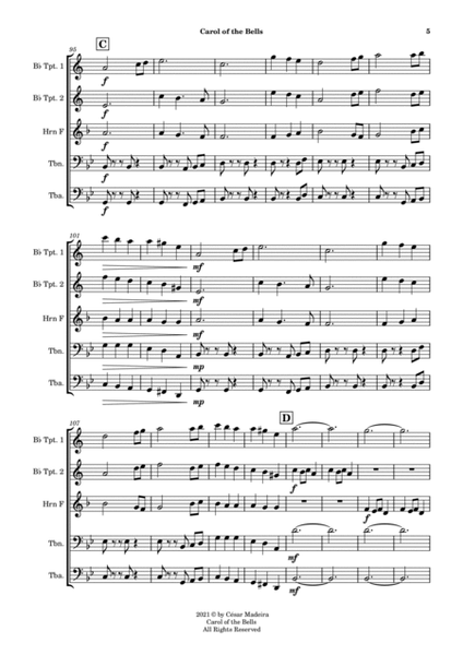 Carol Of The Bells - Brass Quintet (Full Score and Parts) image number null