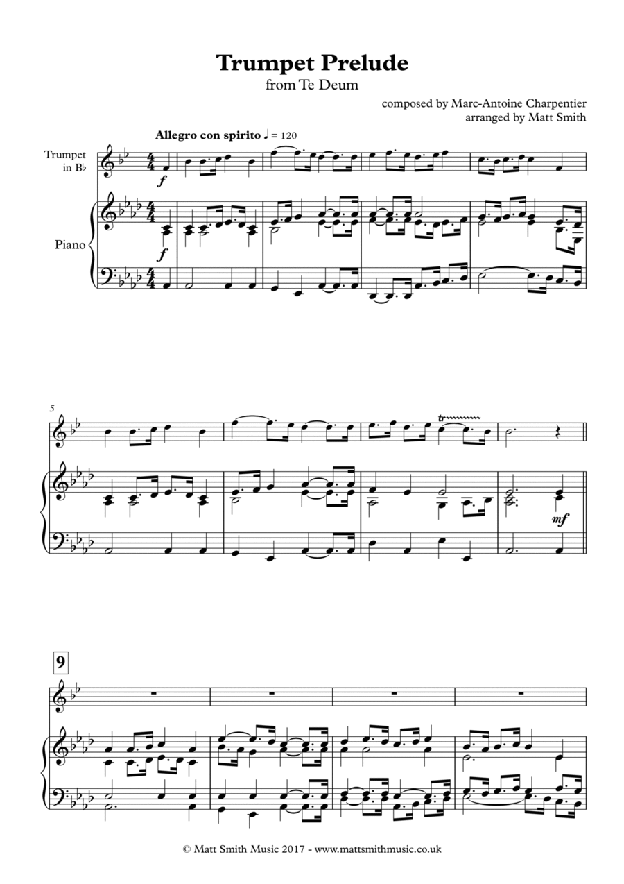 Trumpet Prelude from Te Deum (high) by Charpentier - TRUMPET WITH PIANO ACCOMPANIMENT Trumpet Solo scores gallery preview page 1