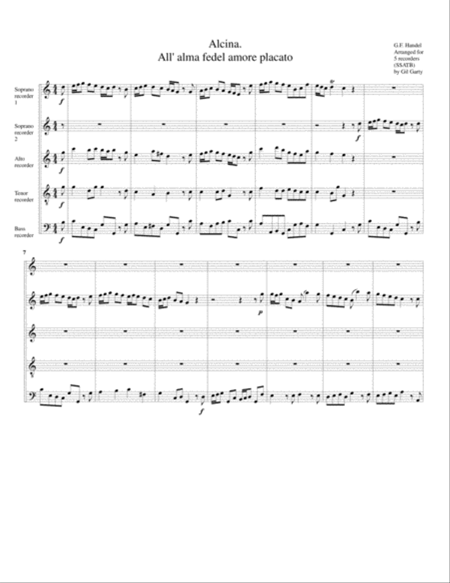 Aria: All' alma fedel amore placato from Alcina (arrangement for 5 recorders) Recorder scores gallery preview page 1
