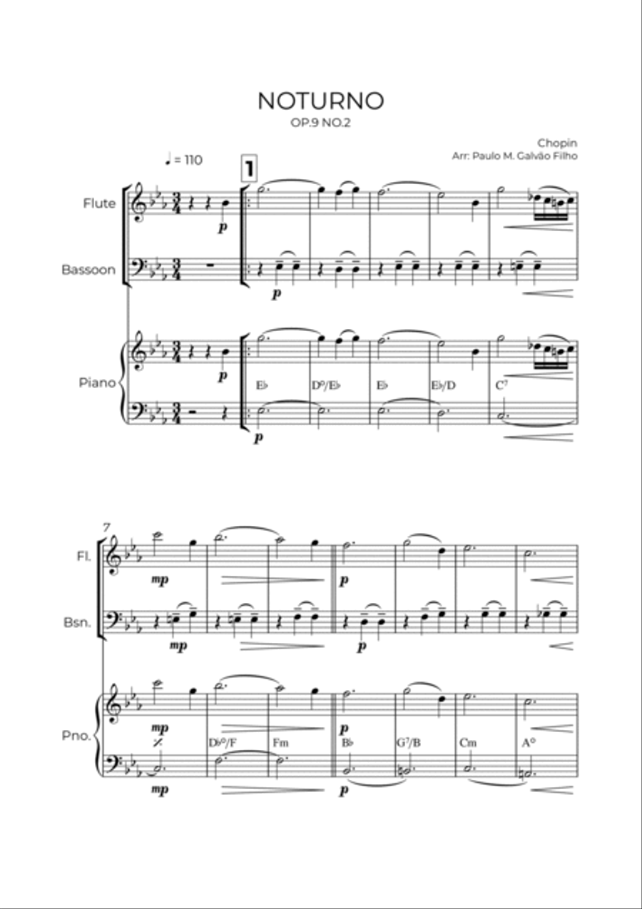NOTURNO OP.9 NO.2 - CHOPIN - WIND PIANO TRIO (FLUTE, BASSOON & PIANO) Bassoon scores gallery preview page 2