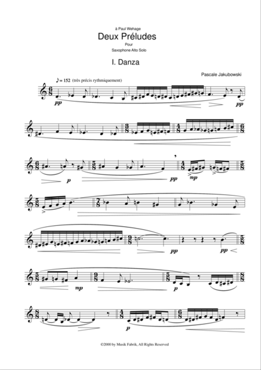 Pascale Jakubowski: Deux Préludes for solo saxophone Woodwind Quartet scores gallery preview page 2
