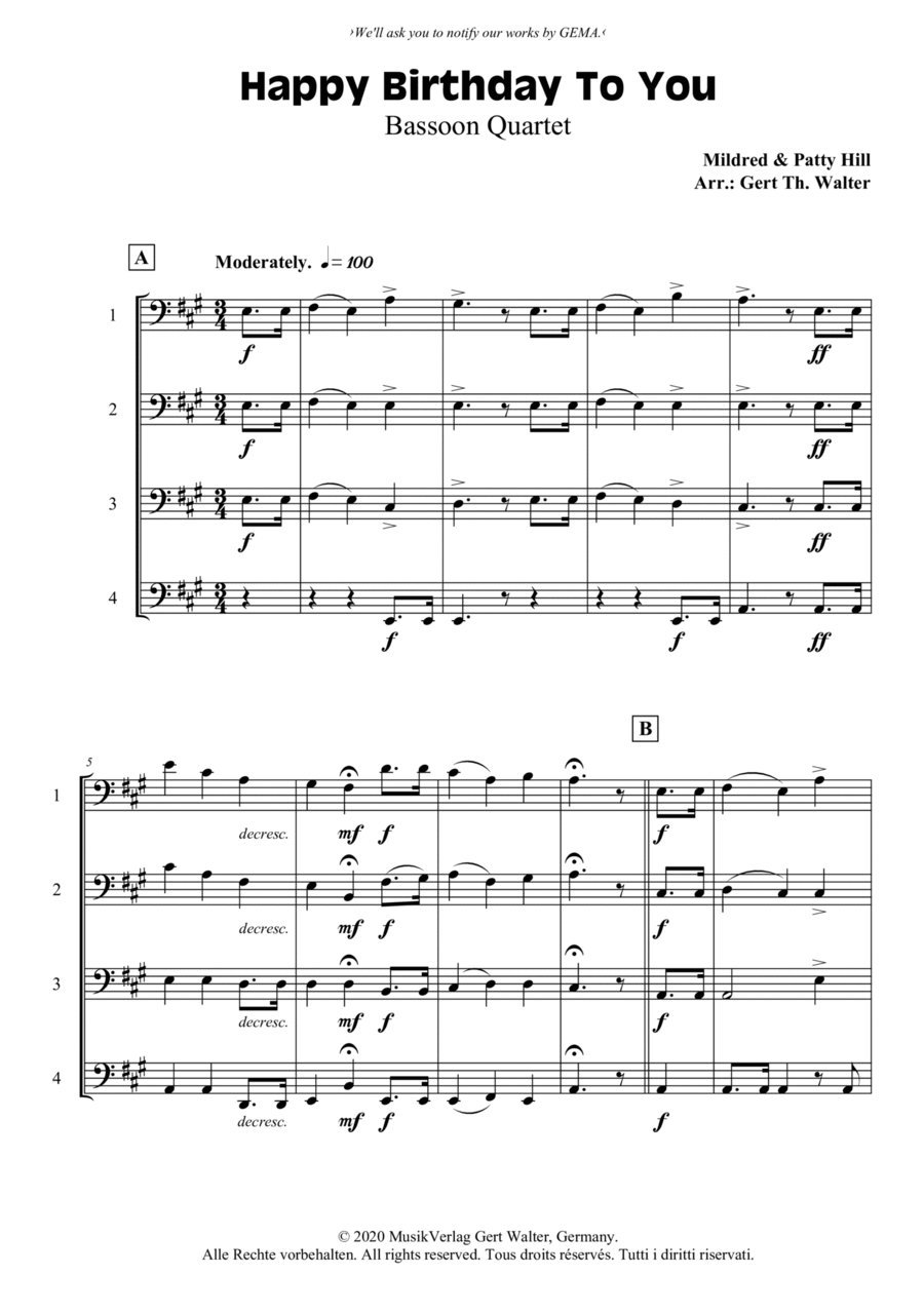 Happy Birthday To You Woodwind Quartet scores gallery preview page 1