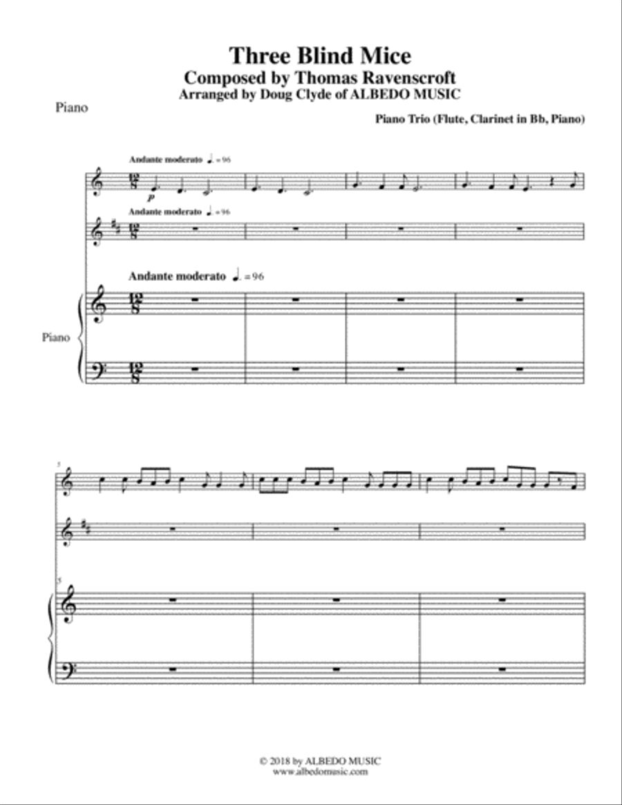 Three Blind Mice for Flute, Clarinet & Piano Woodwind Duet scores gallery preview page 1