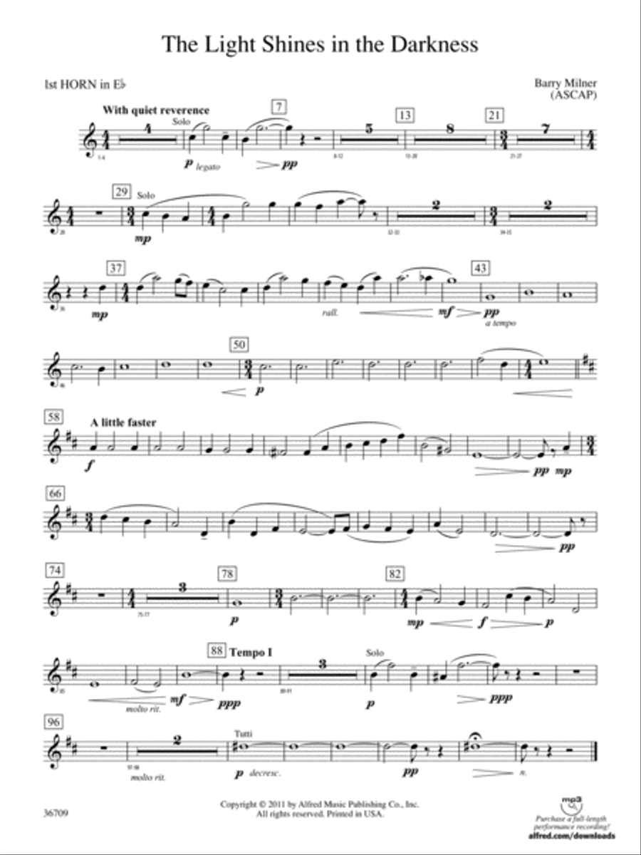 The Light Shines in the Darkness: (World Part) 1st Horn in E-flat Concert Band scores gallery preview page 1