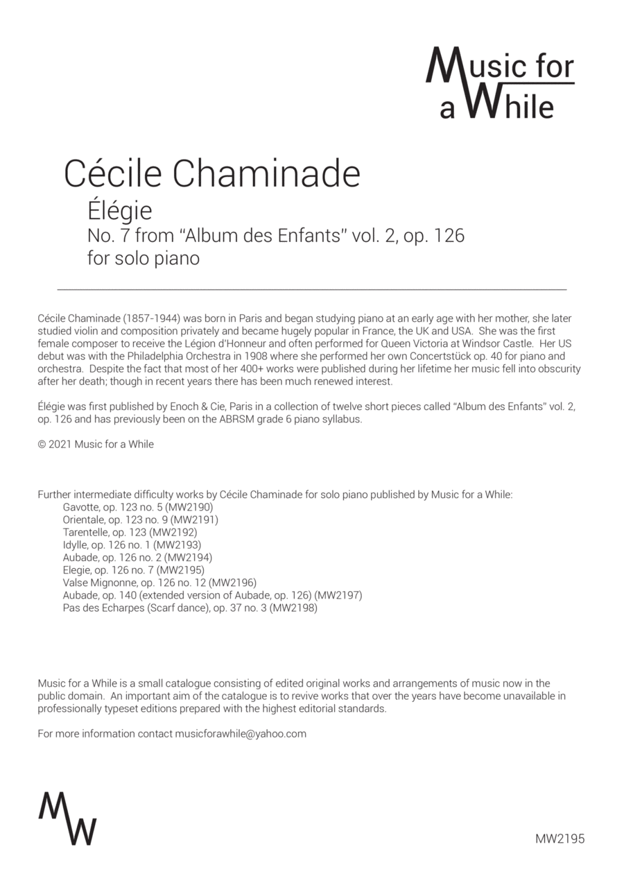 Cécile Chaminade - Élégie op. 126 no. 7 for solo piano Piano Solo scores gallery preview page 1