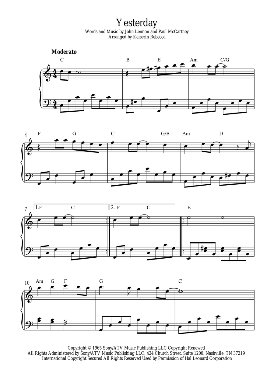 Yesterday Easy Piano scores gallery preview page 1