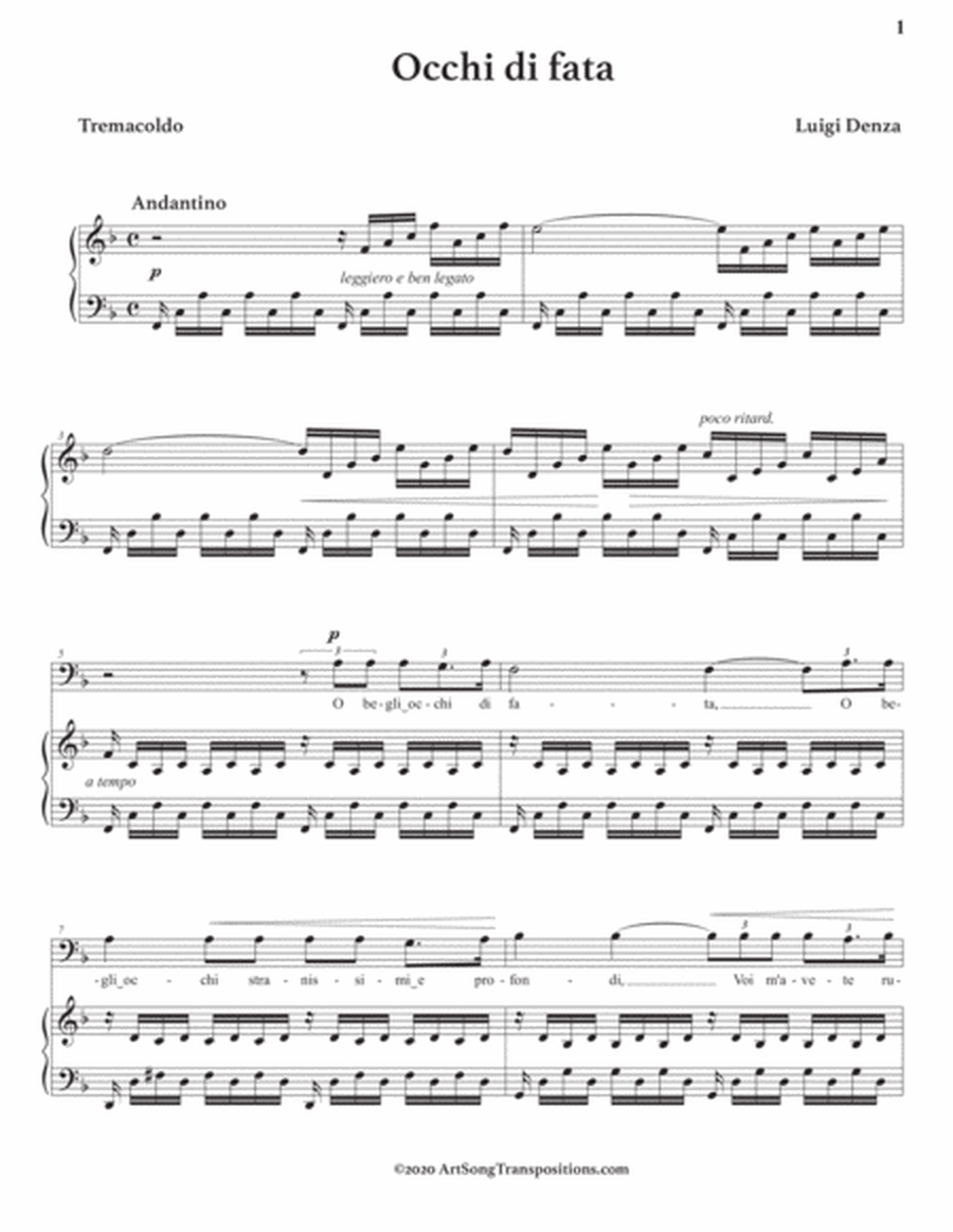 DENZA: Occhi di fata (transposed to F major, bass clef)