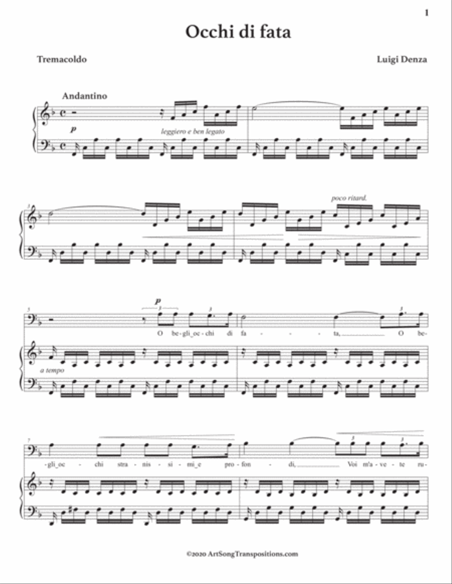 DENZA: Occhi di fata (transposed to F major, bass clef) Voice scores gallery preview page 2