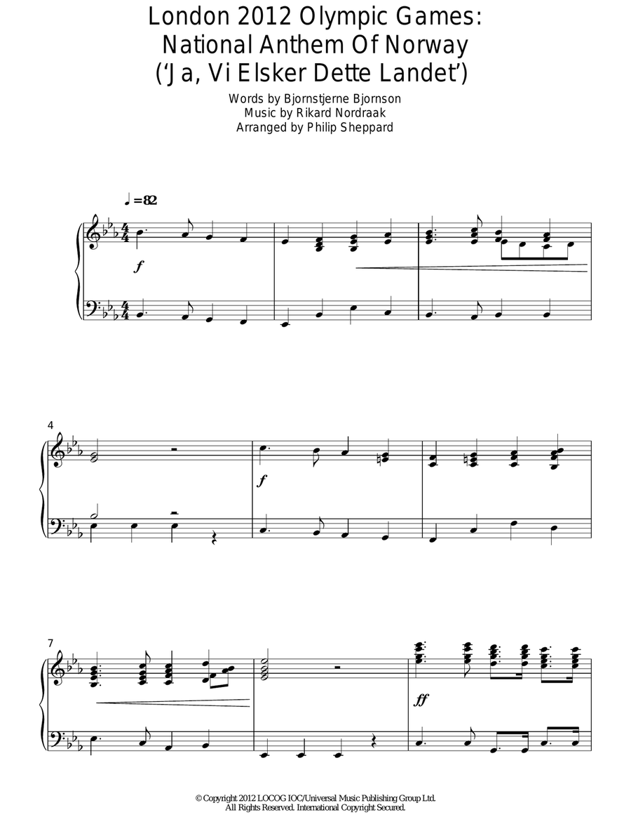 London 2012 Olympic Games: National Anthem Of Norway ('Ja, Vi Elsker Dette Landet') Piano Solo scores gallery preview page 1