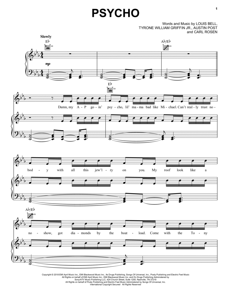 Psycho (featuring Ty Dolla $ign) Piano, Vocal, Guitar scores gallery preview page 1
