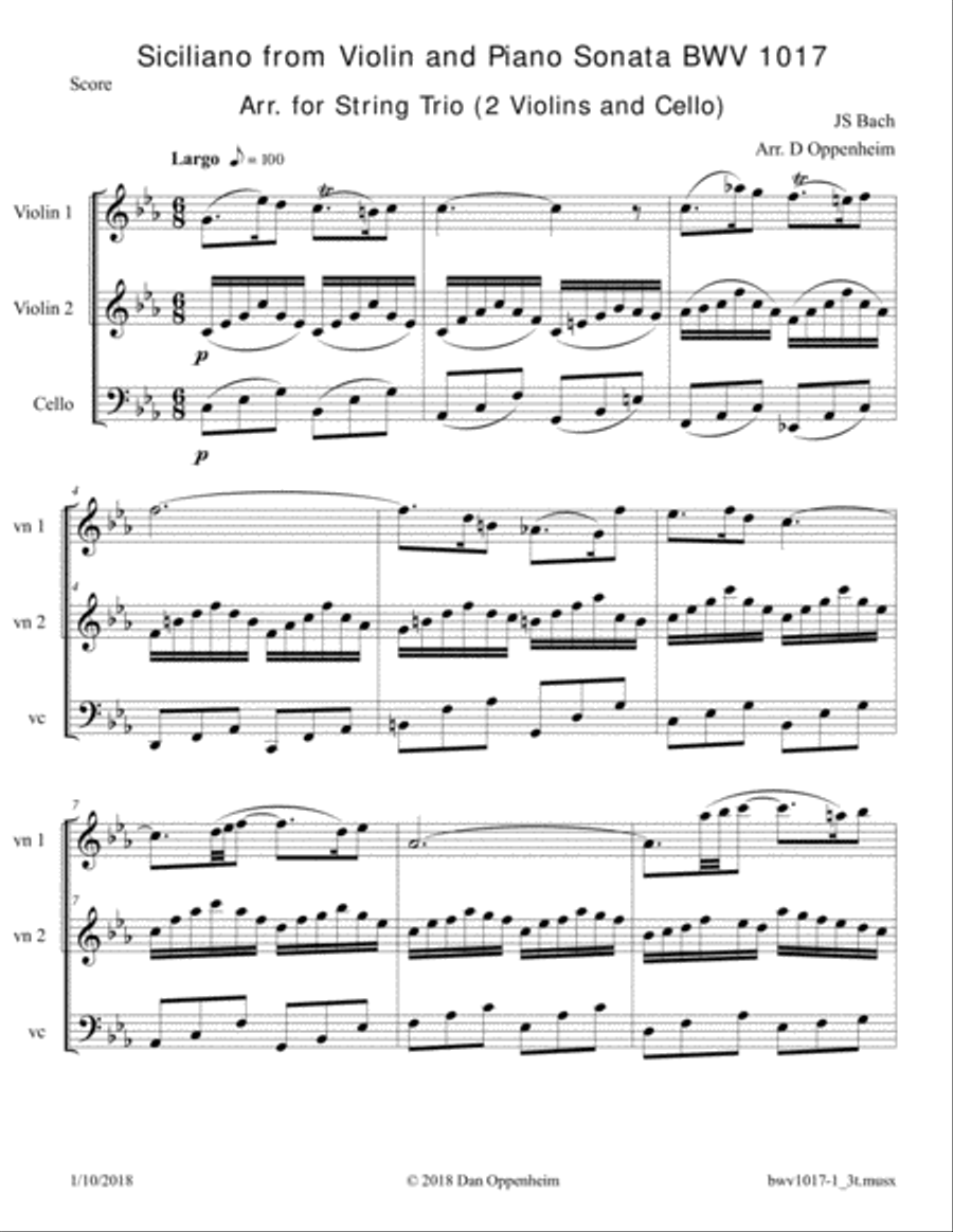 Bach: Violin and Piano Sonata BWV 1017, First Movement (Siciliano) Arr. for 2 Violins and Cello String Trio scores gallery preview page 1