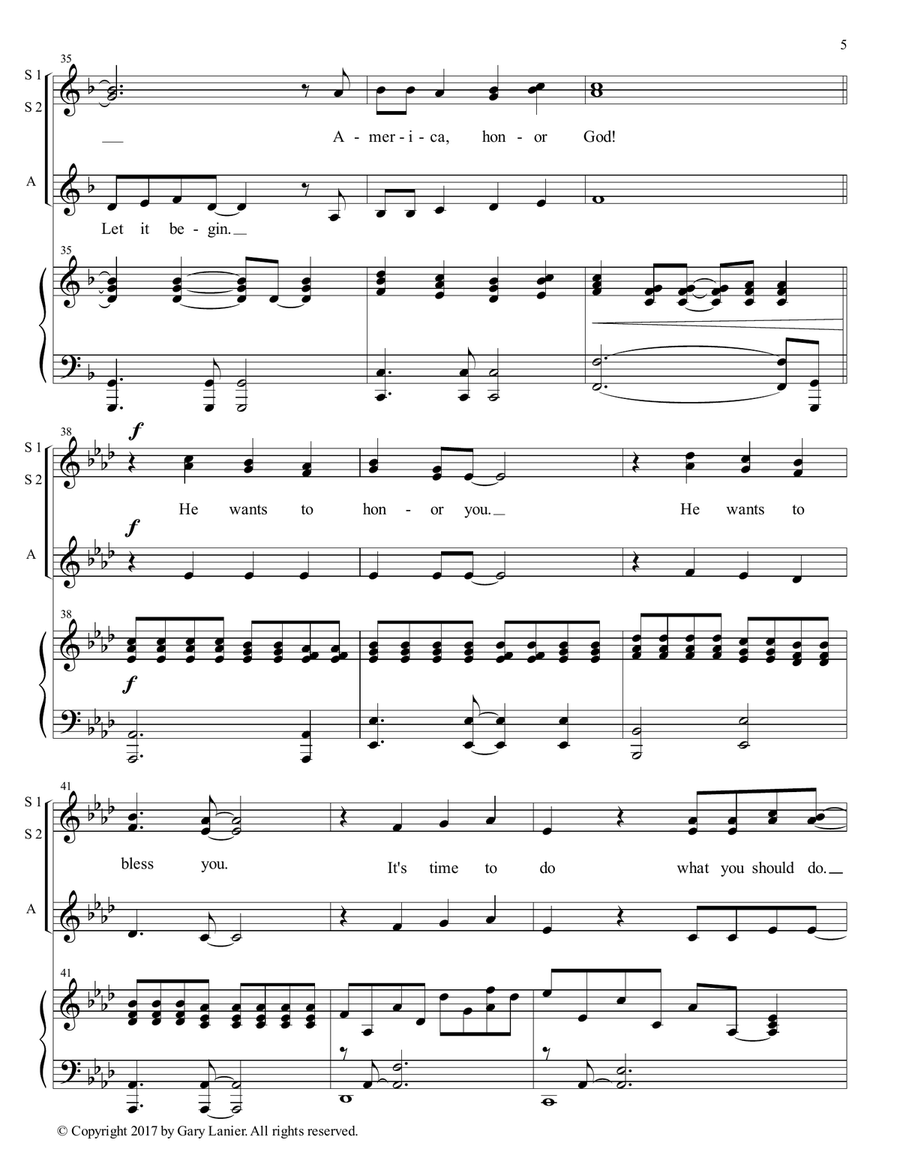 AMERICA, HONOR GOD (Ladies Trio - SSA with Piano & Score/Part) SSA scores gallery preview page 6