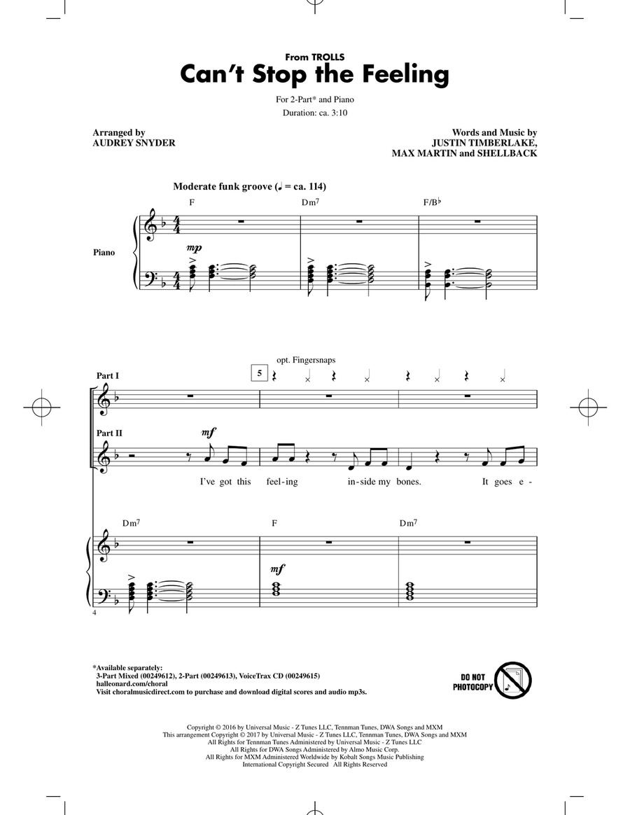 Can't Stop The Feeling (from Trolls) (arr. Audrey Snyder)