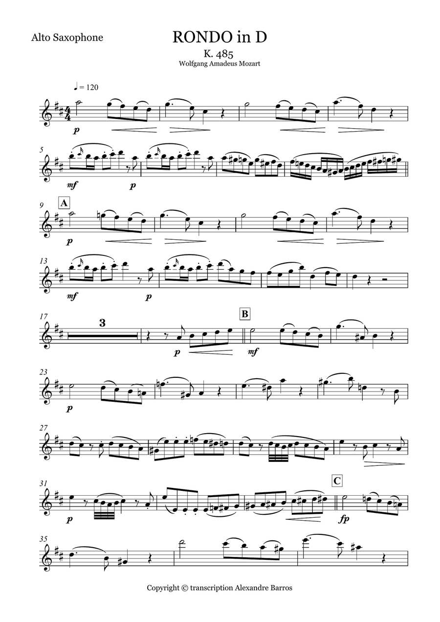 Rondo D, K 485 - SOLO FOR ALTO SAX - duet for piano and sax Woodwind Duet scores gallery preview page 1