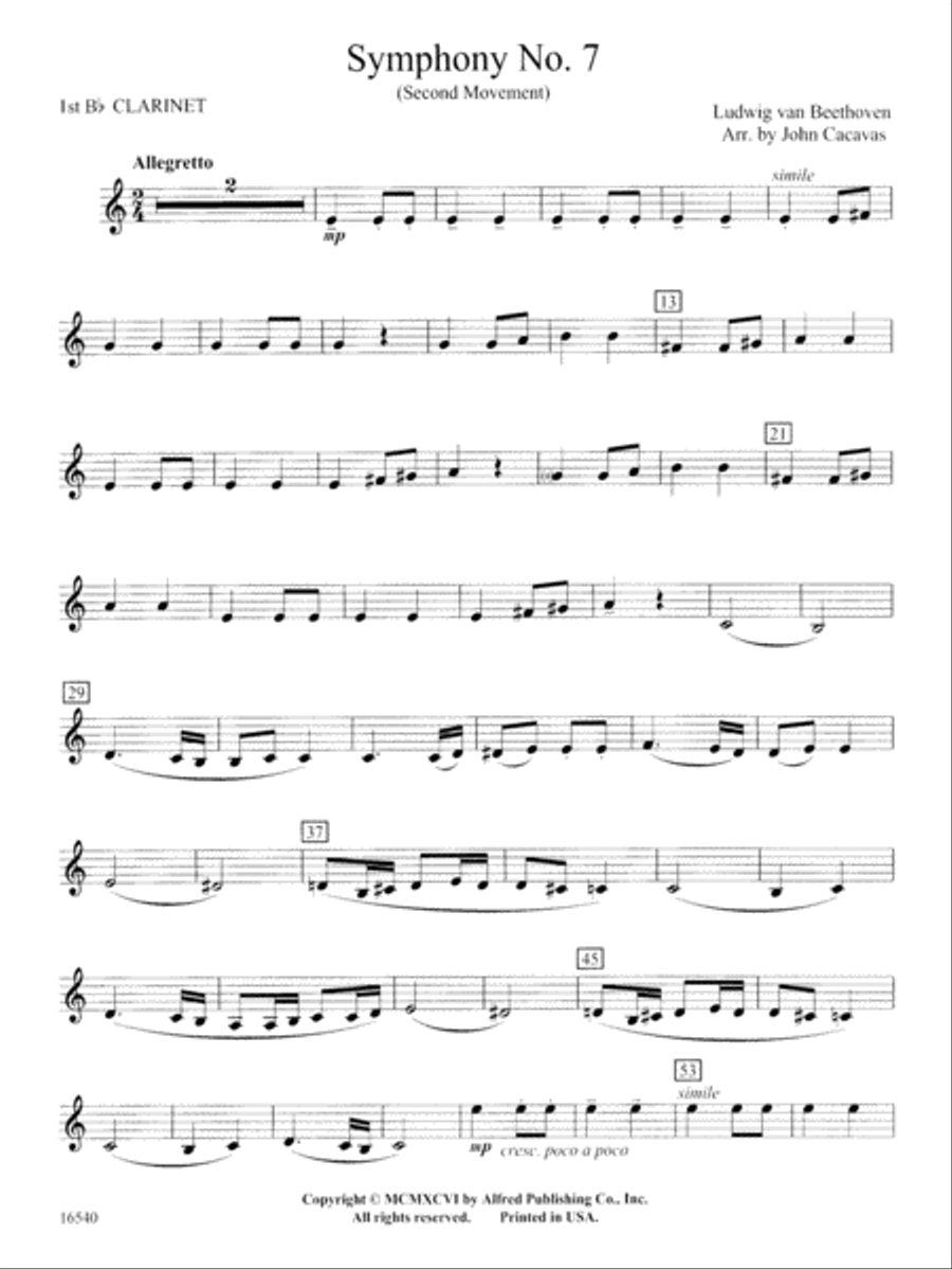 Symphony No. 7 (Second Movement): 1st B-flat Clarinet Concert Band scores gallery preview page 1