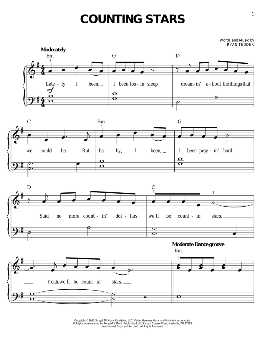 Counting Stars Easy Piano scores gallery preview page 1