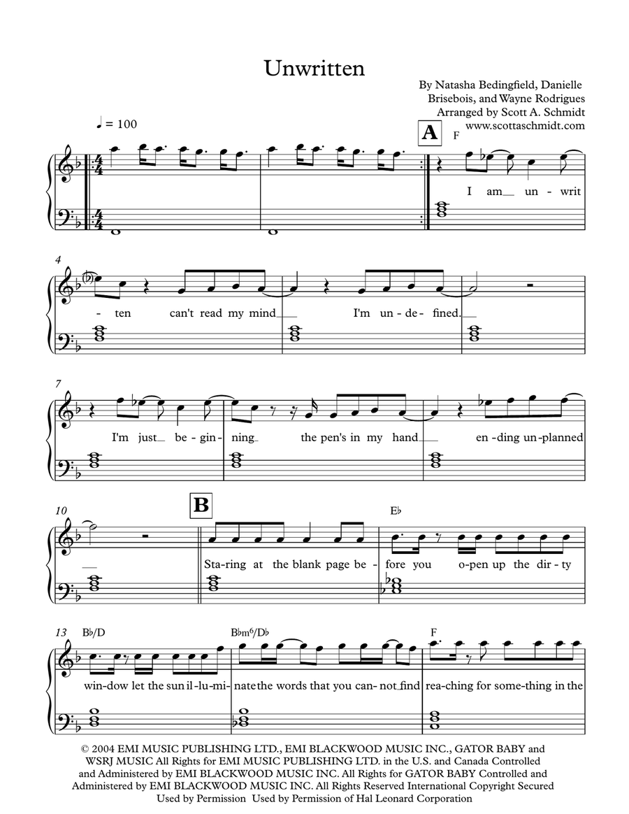Unwritten Piano Solo scores gallery preview page 1