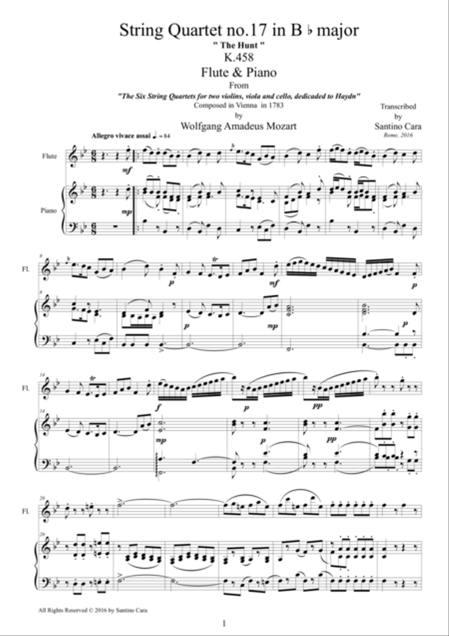 Mozart - Hunt Quartet No.17 in B flat major - Flute and piano Flute Solo scores gallery preview page 1