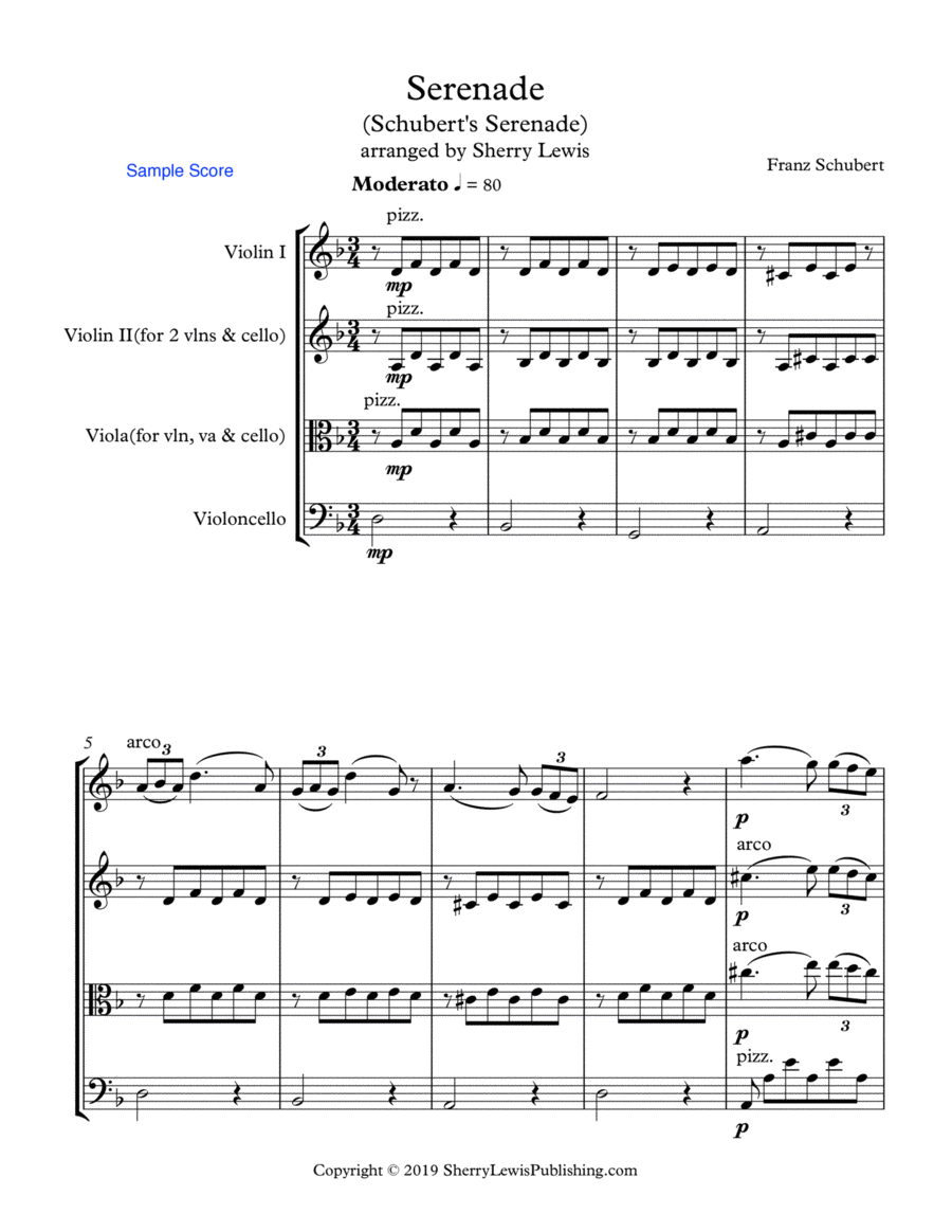SCHUBERT SERENADE String Trio, Intermediate Level for 2 violins and cello or violin, viola and cell String Trio scores gallery preview page 1