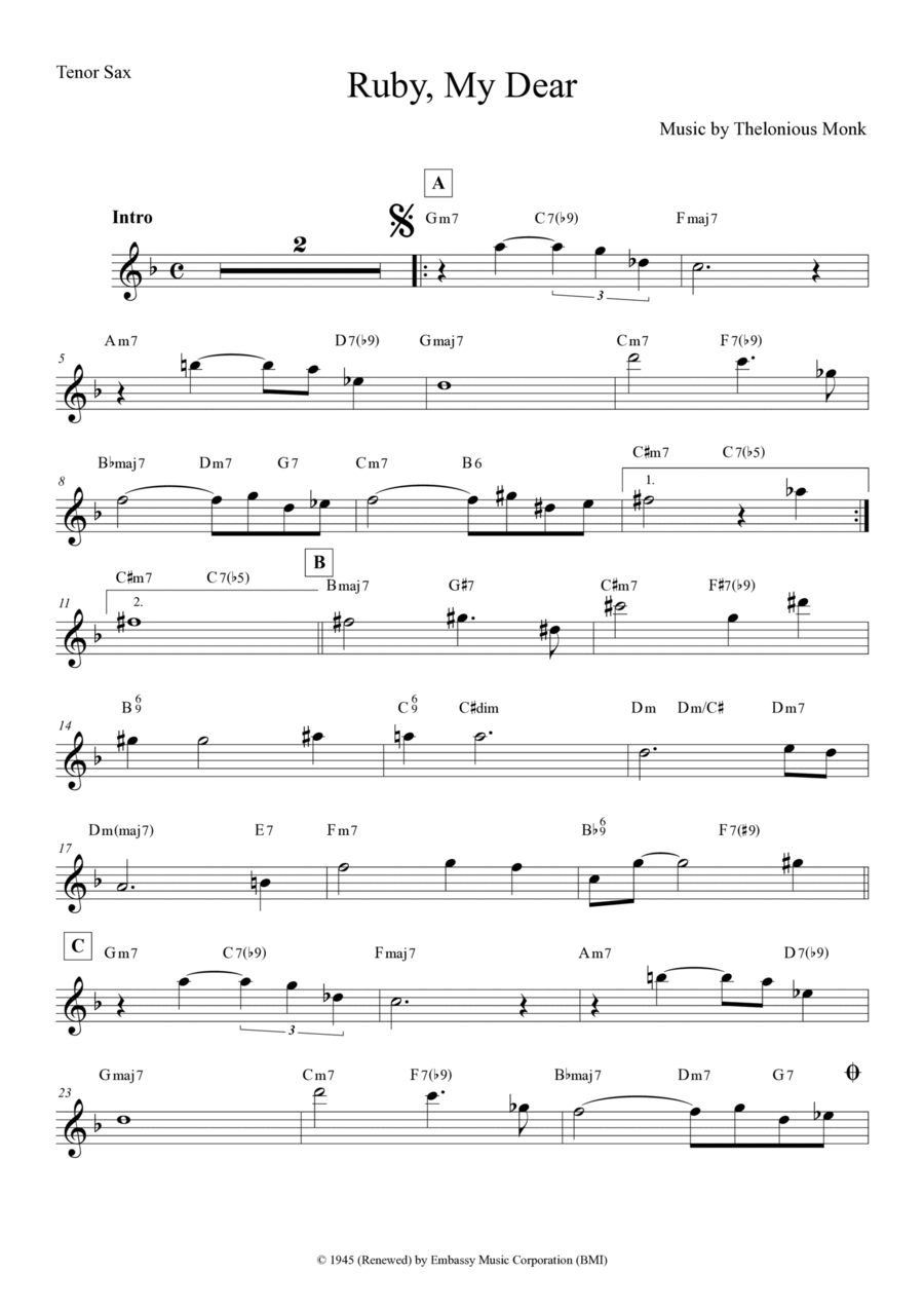 Ruby, My Dear Tenor Saxophone scores gallery preview page 1