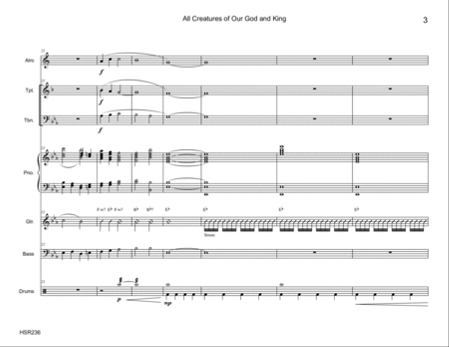 ALL CREATURES OF OUR GOD AND KING - Alto Sax, Trumpet, Trombone & Rhythm Section Large Ensemble scores gallery preview page 3