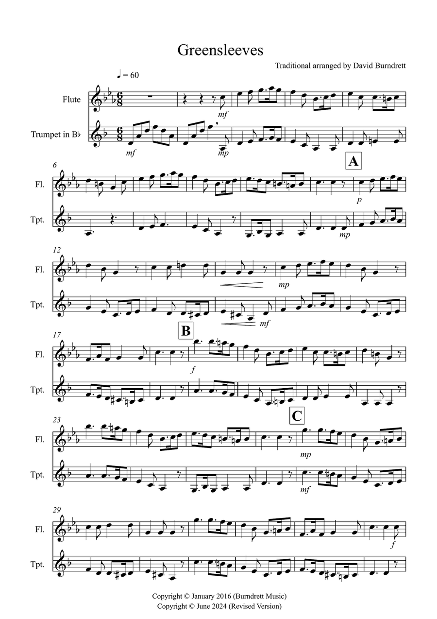 Greensleeves for Flute and Trumpet Duet Flute scores gallery preview page 1