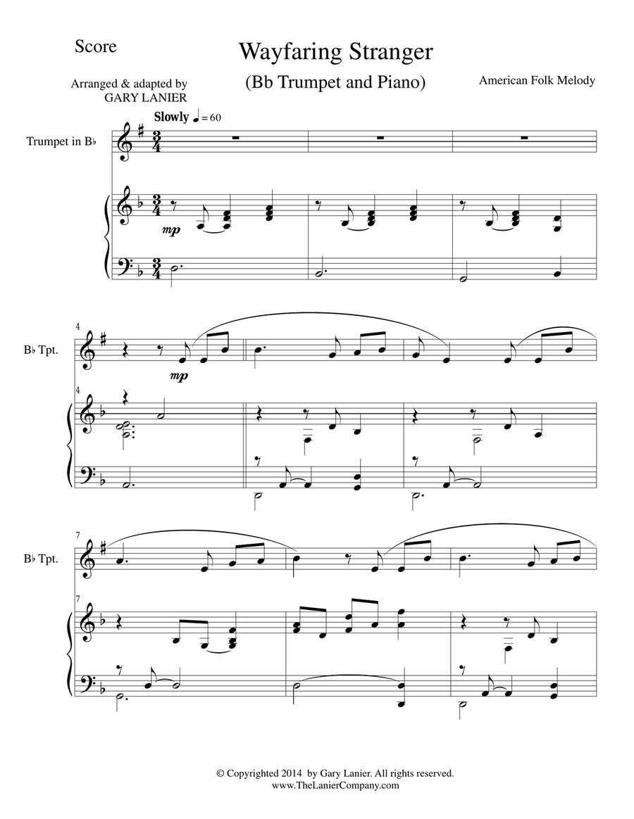 WAYFARING STRANGER (Bb Trumpet/Piano and Trumpet Part) Trumpet Duet scores gallery preview page 1