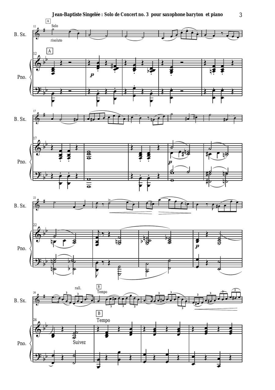 Jean-Baptiste Singelée Solo de Concert no. 3, Opus 83 for baritone saxophone and piano Baritone Saxophone scores gallery preview page 3
