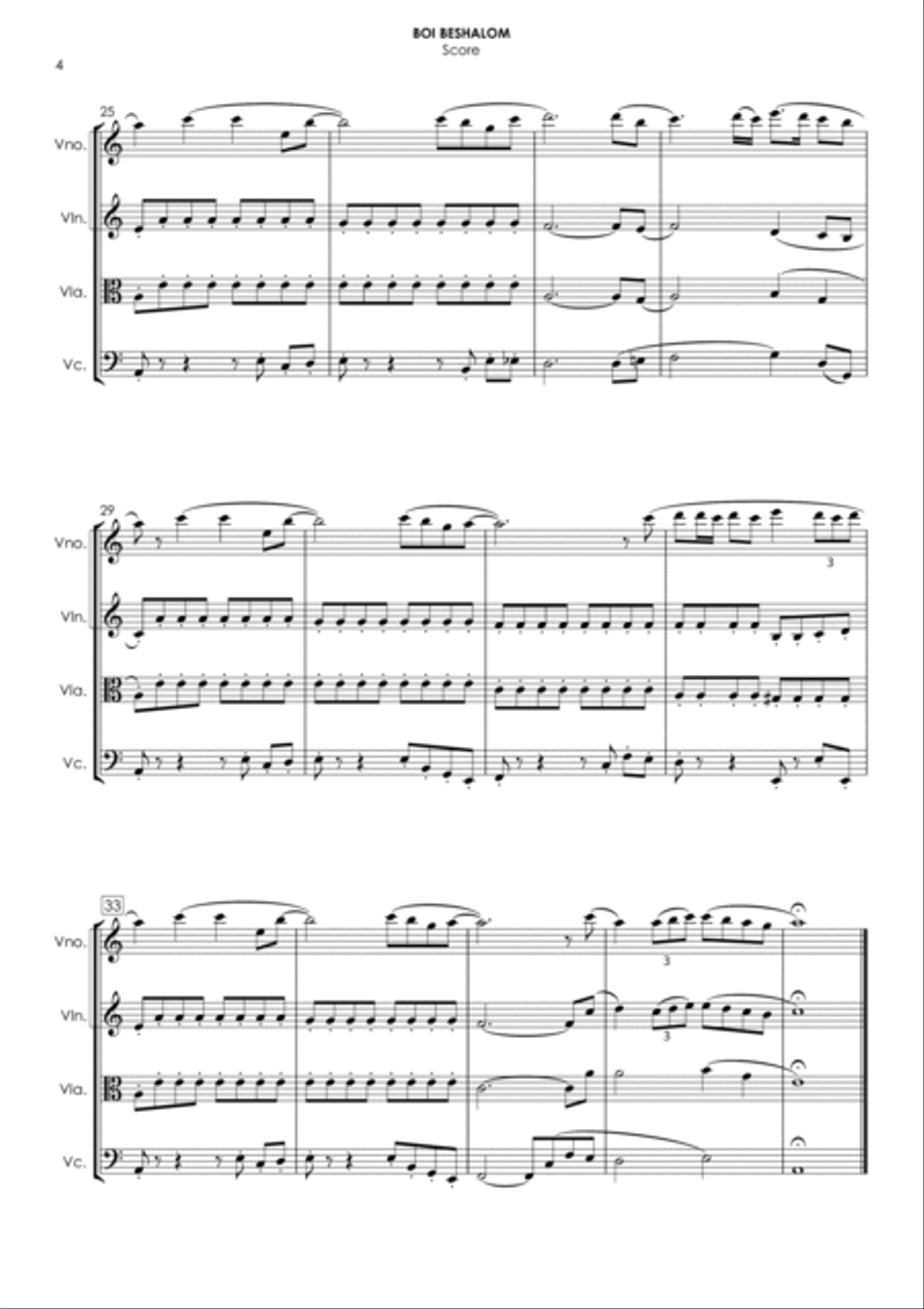 Boi Beshalom (for string quartet) Piano Quartet scores gallery preview page 4