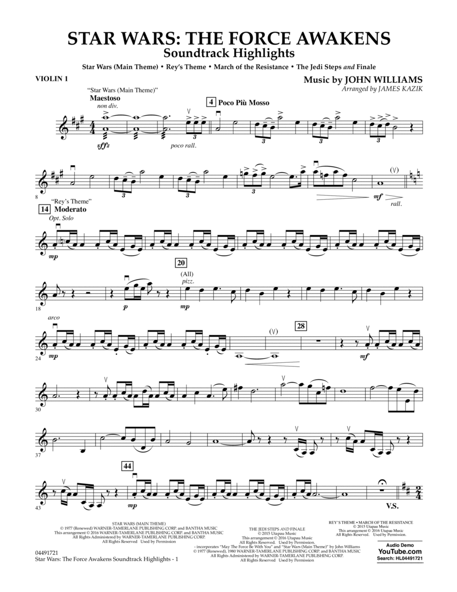Star Wars: The Force Awakens Soundtrack Highlights - Violin 1 Violin scores gallery preview page 1