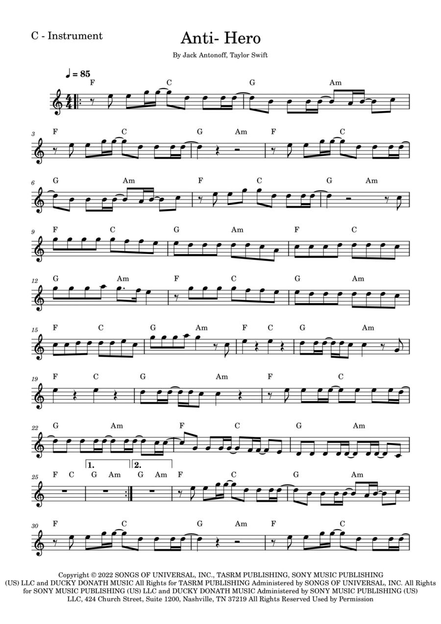 Anti-hero Piano scores gallery preview page 1