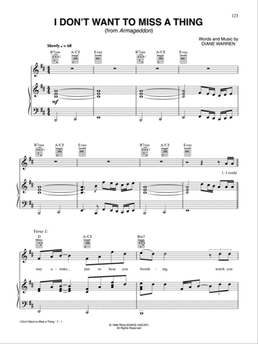 I Don't Want to Miss a Thing Piano, Vocal, Guitar scores gallery preview page 1