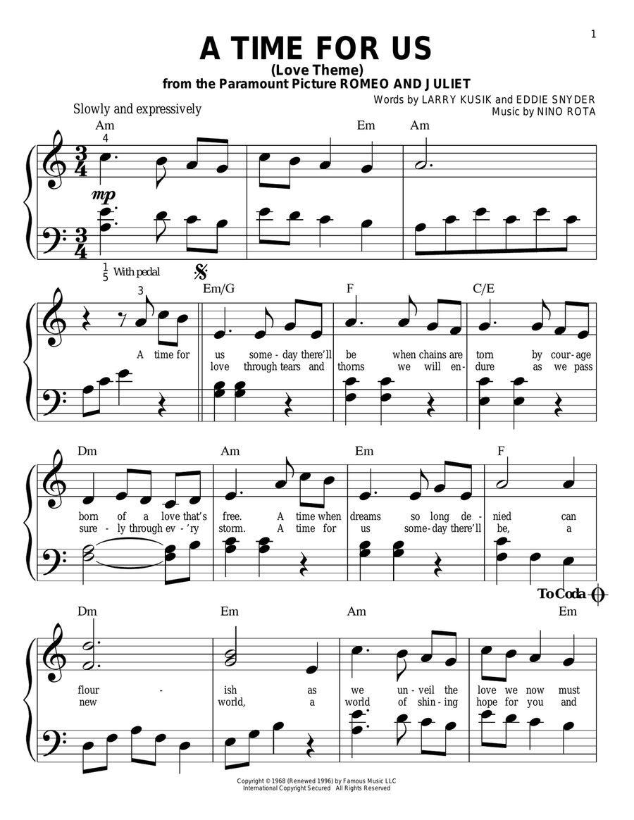 A Time For Us (Love Theme) Easy Piano scores gallery preview page 1