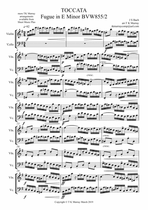 Book cover for Bach - Toccata - Fugue in E Minor BWV855 - String Duo ( Violin, Cello )